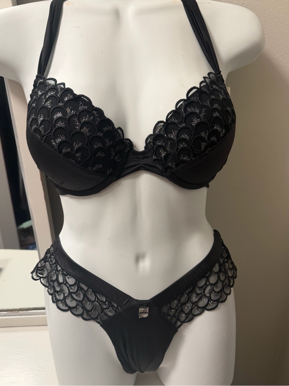 Beach Bunny Hard Days Night Black Lace Halter Bikini Set M/S